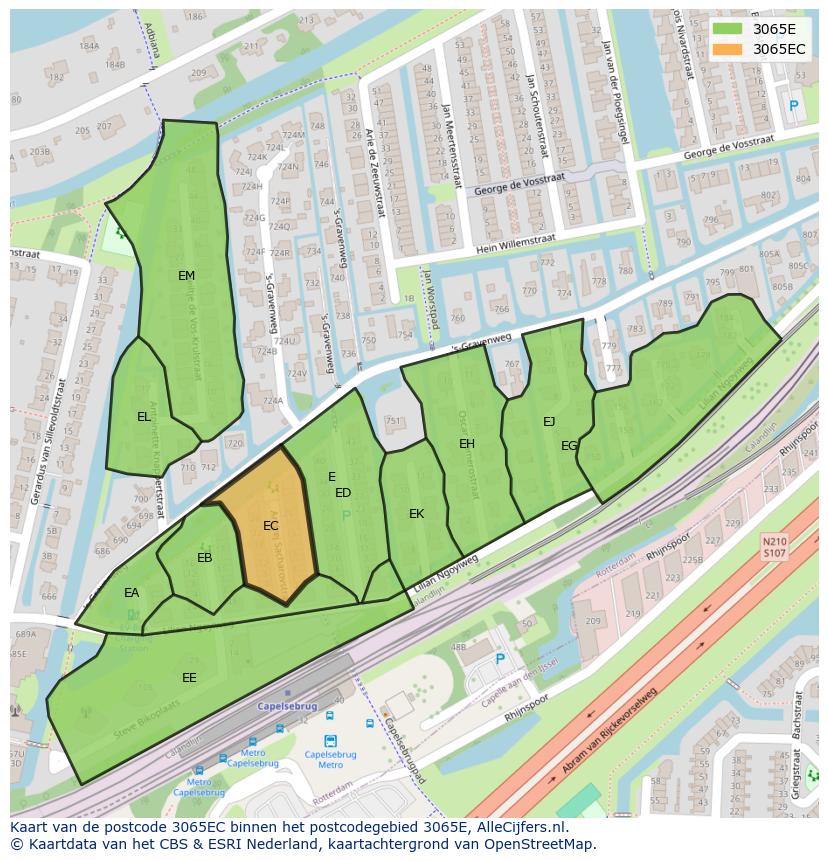 Afbeelding van het postcodegebied 3065 EC op de kaart.