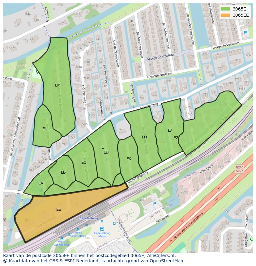 Afbeelding van het postcodegebied 3065 EE op de kaart.