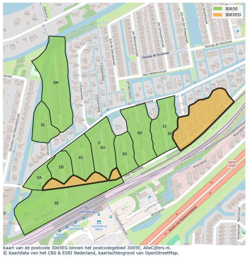 Afbeelding van het postcodegebied 3065 EG op de kaart.