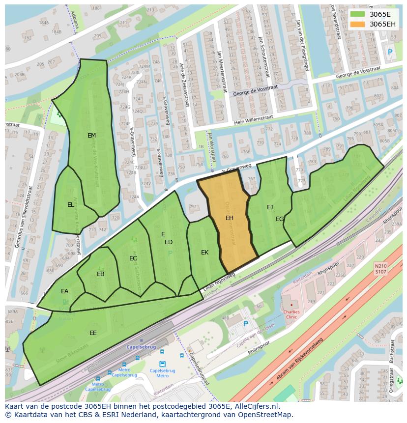 Afbeelding van het postcodegebied 3065 EH op de kaart.