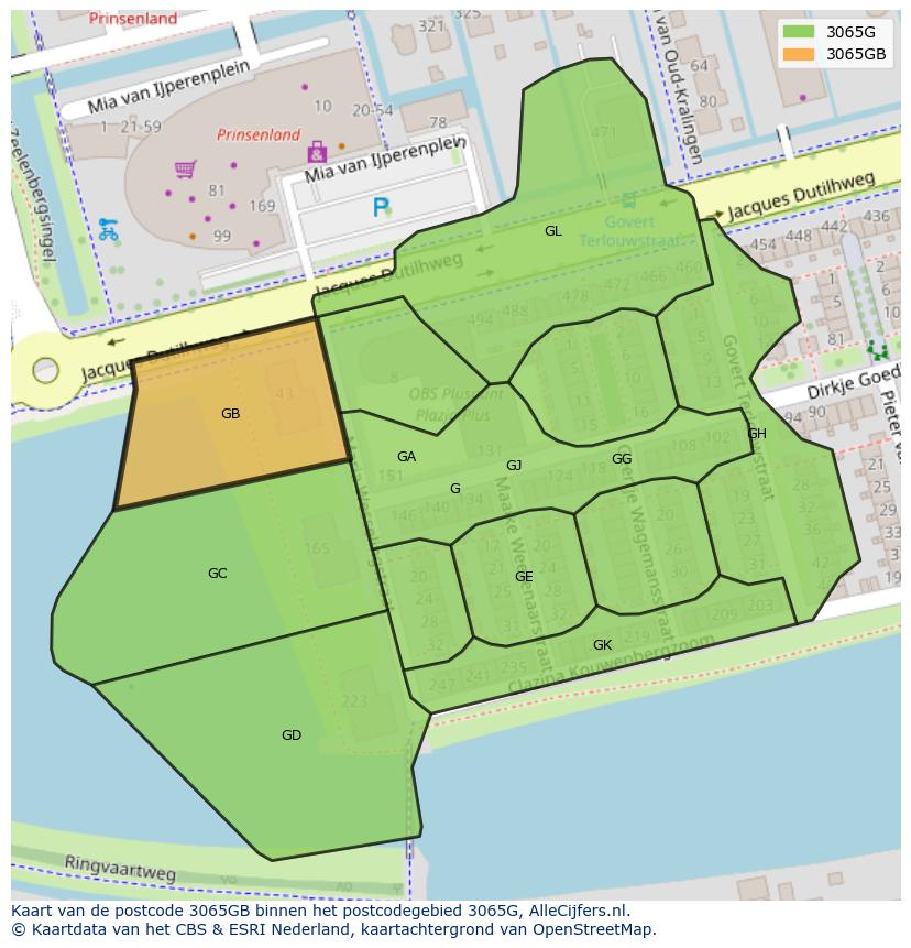 Afbeelding van het postcodegebied 3065 GB op de kaart.