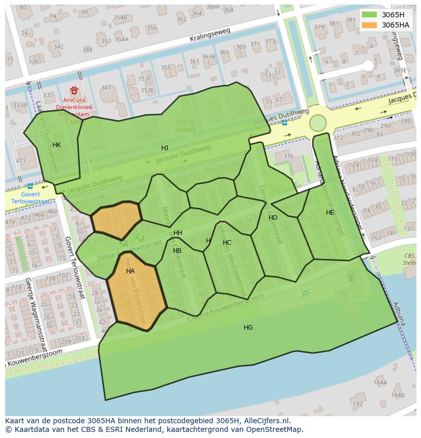 Afbeelding van het postcodegebied 3065 HA op de kaart.