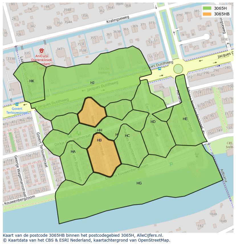 Afbeelding van het postcodegebied 3065 HB op de kaart.