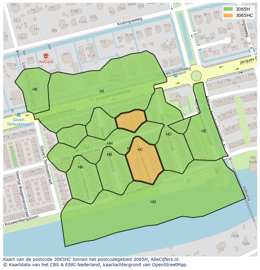 Afbeelding van het postcodegebied 3065 HC op de kaart.