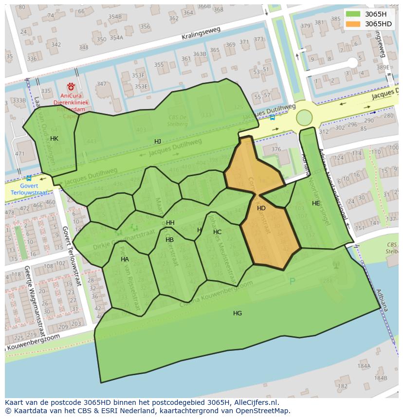 Afbeelding van het postcodegebied 3065 HD op de kaart.