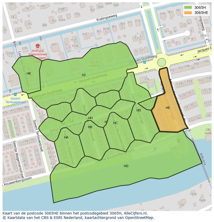 Afbeelding van het postcodegebied 3065 HE op de kaart.