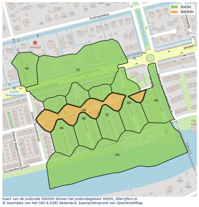 Afbeelding van het postcodegebied 3065 HH op de kaart.