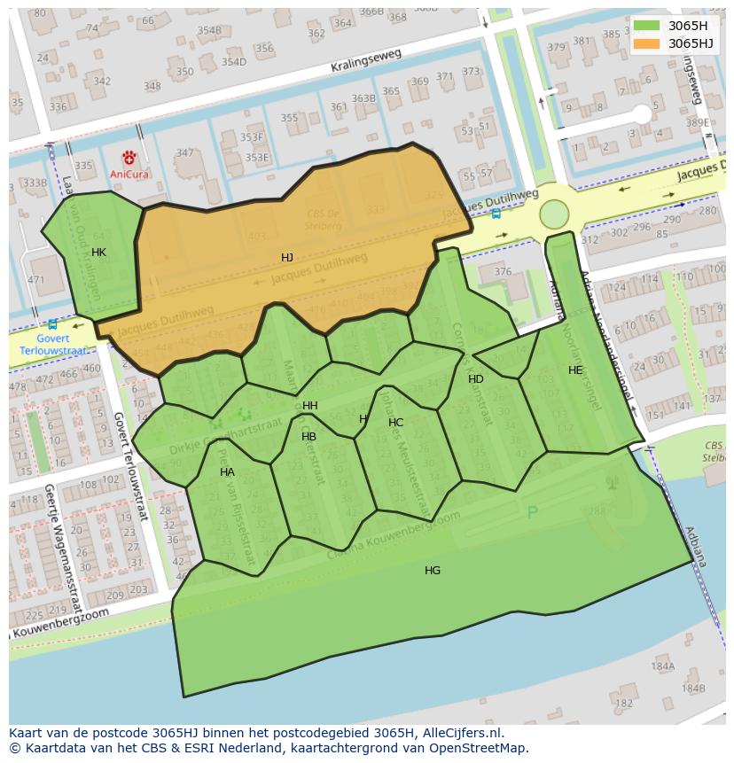 Afbeelding van het postcodegebied 3065 HJ op de kaart.