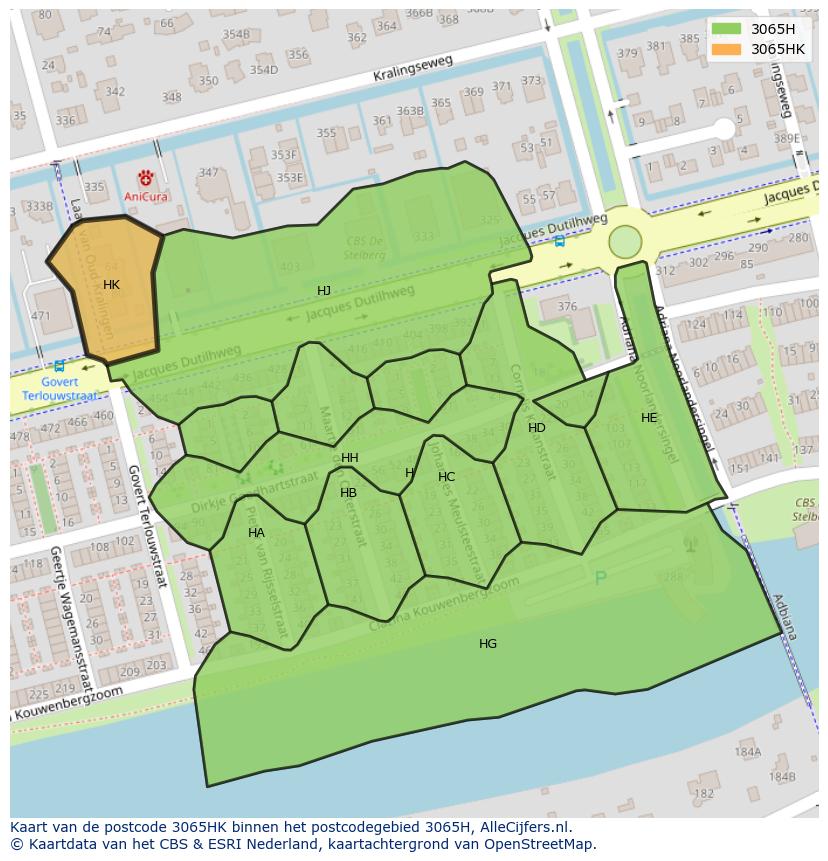 Afbeelding van het postcodegebied 3065 HK op de kaart.