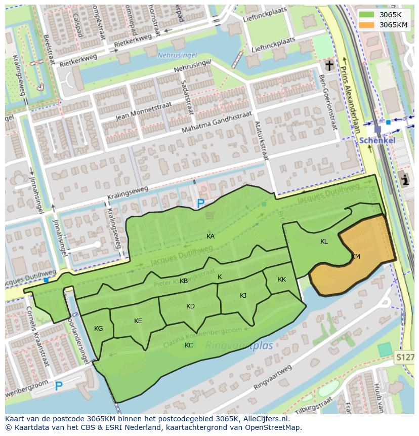 Afbeelding van het postcodegebied 3065 KM op de kaart.