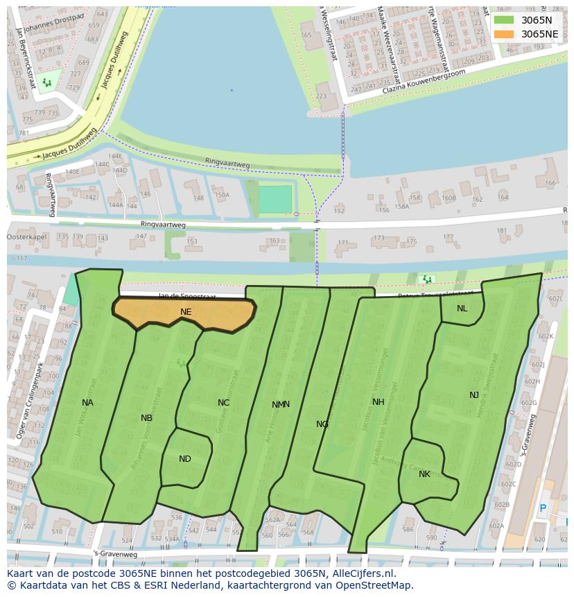 Afbeelding van het postcodegebied 3065 NE op de kaart.