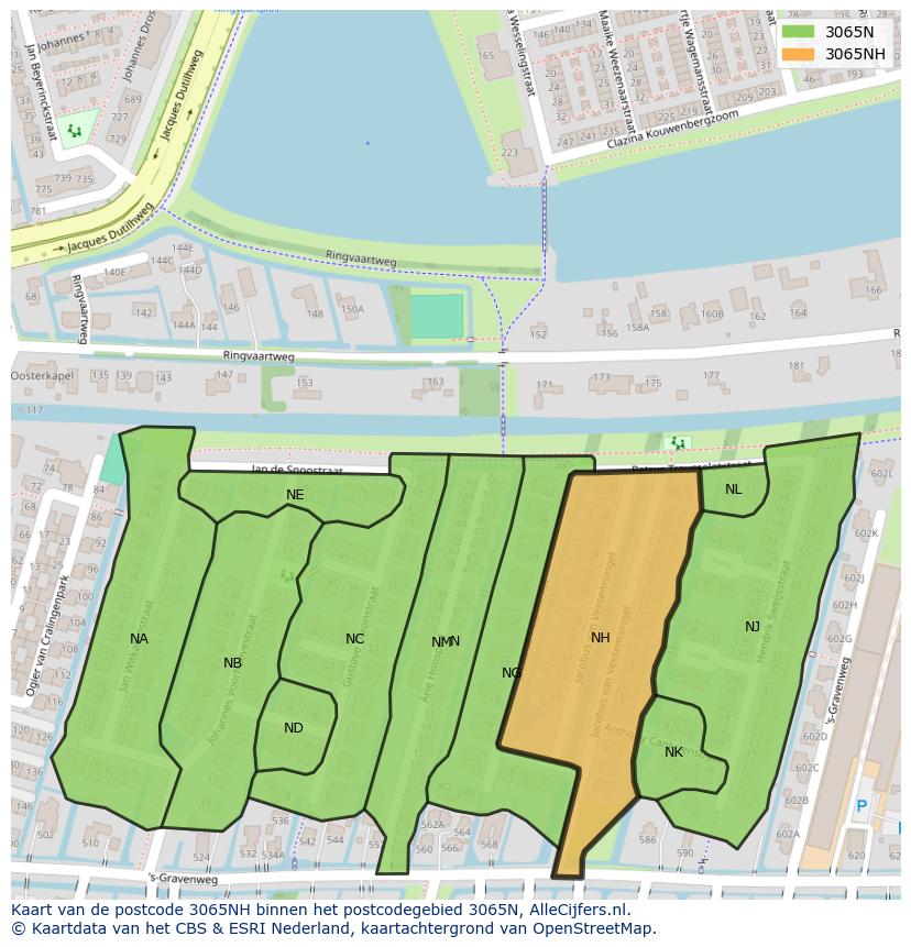 Afbeelding van het postcodegebied 3065 NH op de kaart.