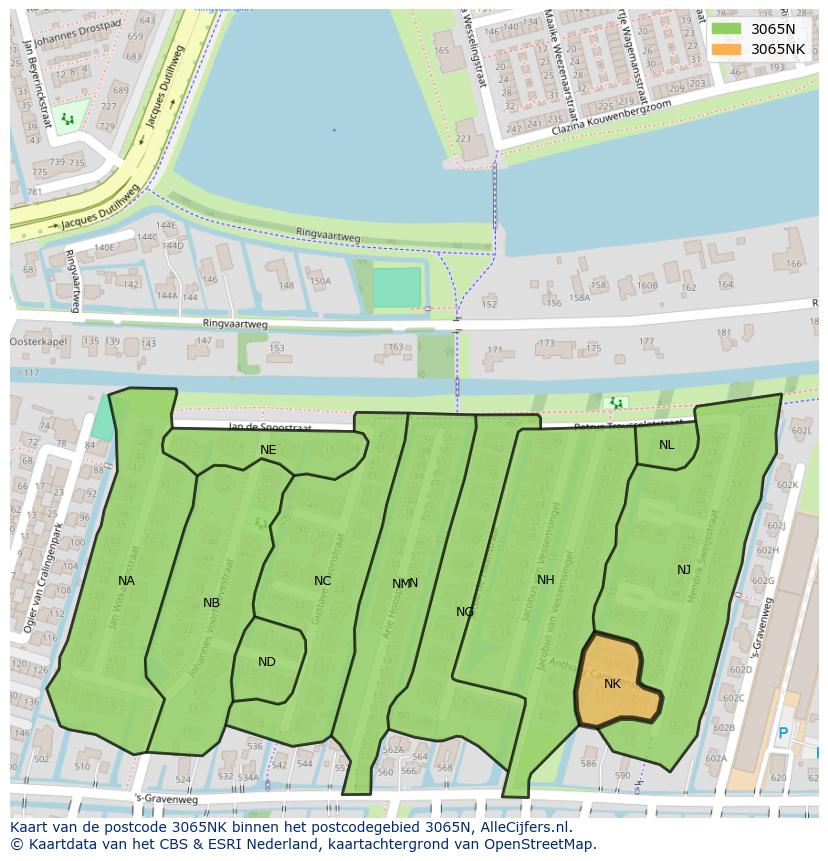 Afbeelding van het postcodegebied 3065 NK op de kaart.