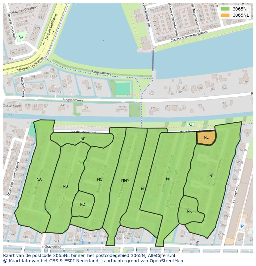 Afbeelding van het postcodegebied 3065 NL op de kaart.