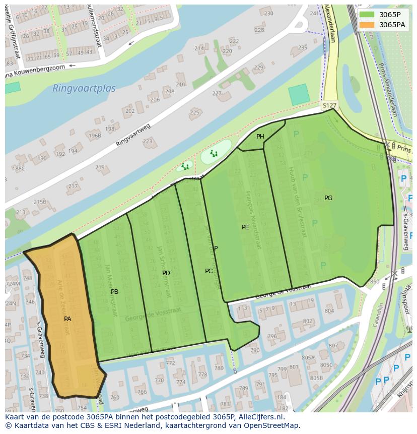 Afbeelding van het postcodegebied 3065 PA op de kaart.