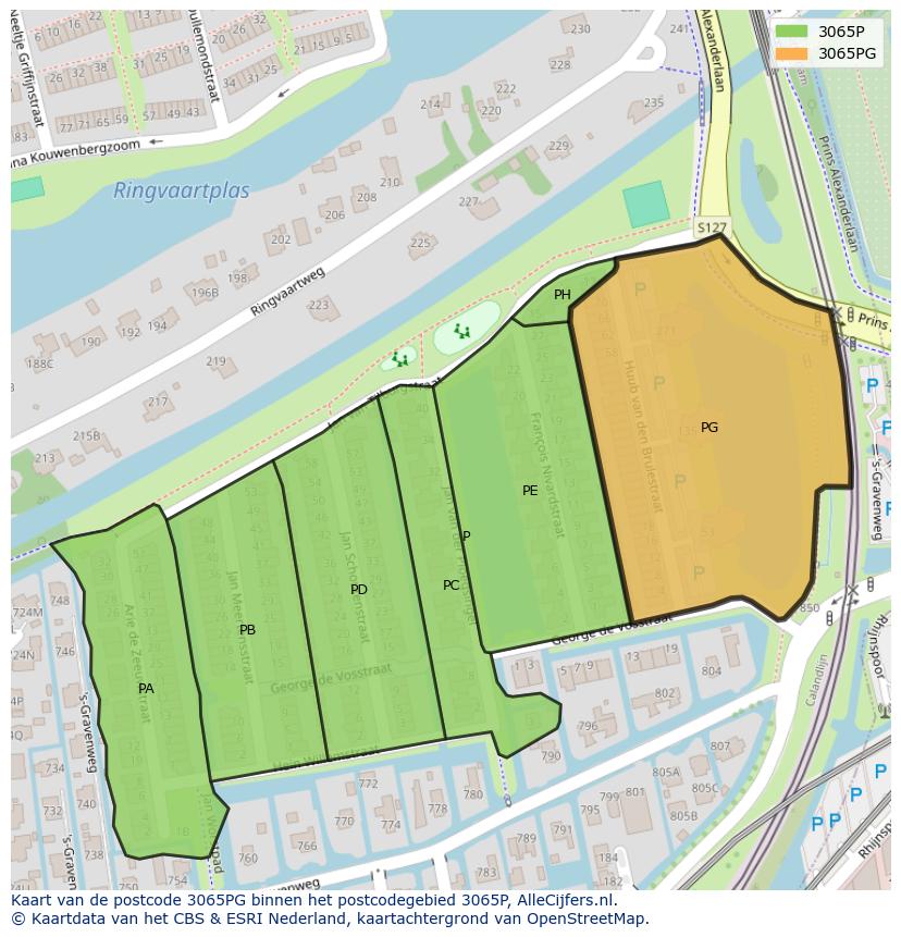 Afbeelding van het postcodegebied 3065 PG op de kaart.