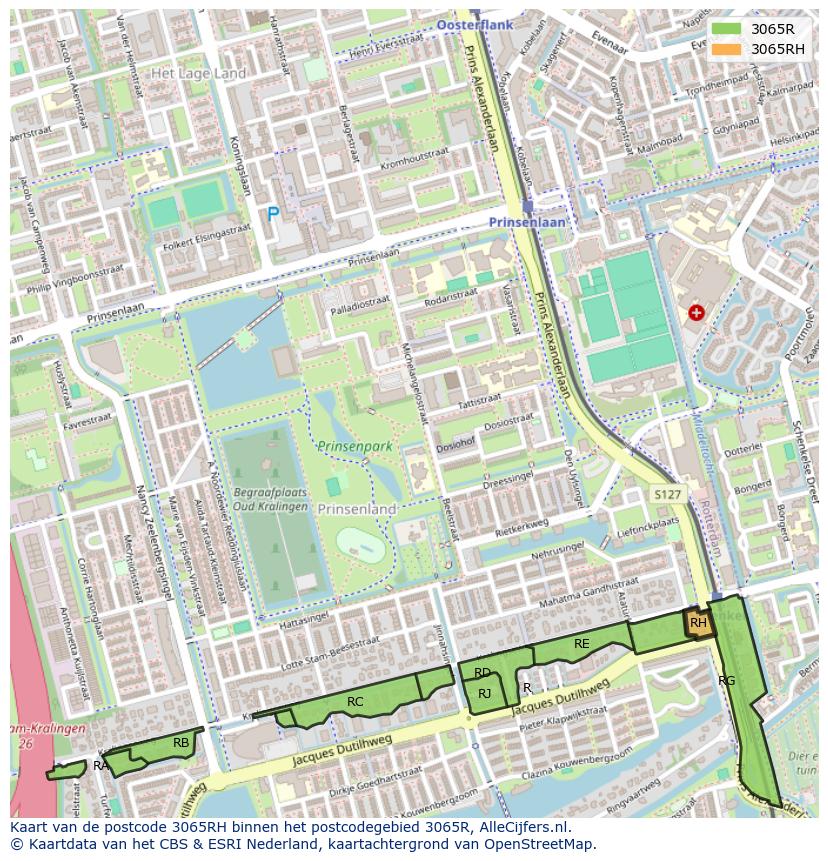 Afbeelding van het postcodegebied 3065 RH op de kaart.