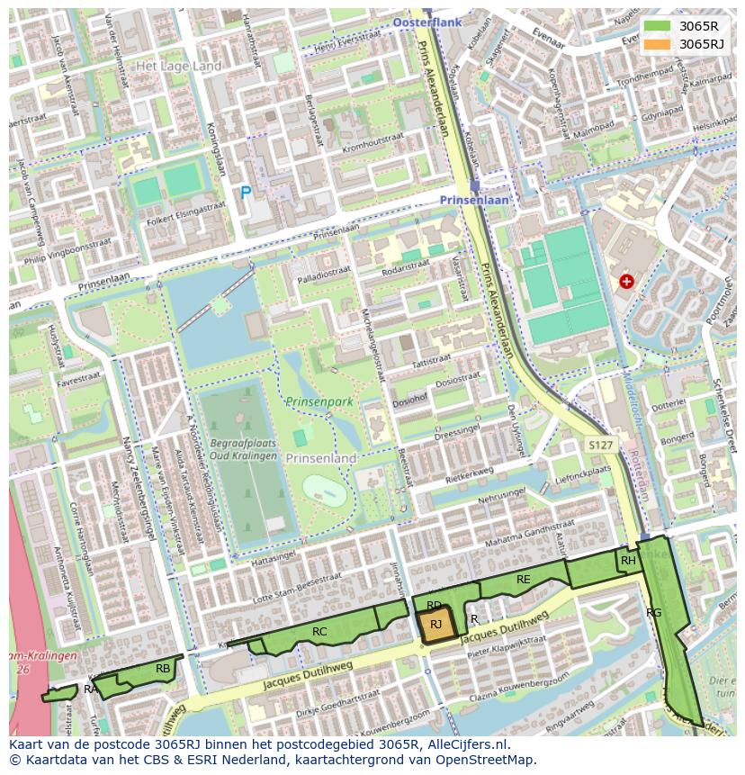 Afbeelding van het postcodegebied 3065 RJ op de kaart.
