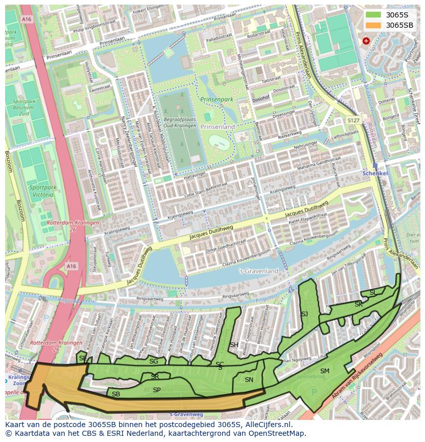 Afbeelding van het postcodegebied 3065 SB op de kaart.