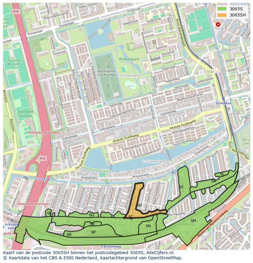 Afbeelding van het postcodegebied 3065 SH op de kaart.