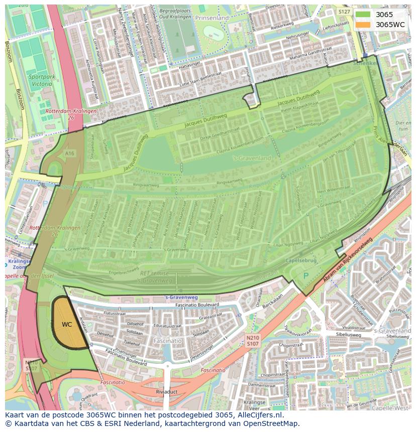 Afbeelding van het postcodegebied 3065 WC op de kaart.