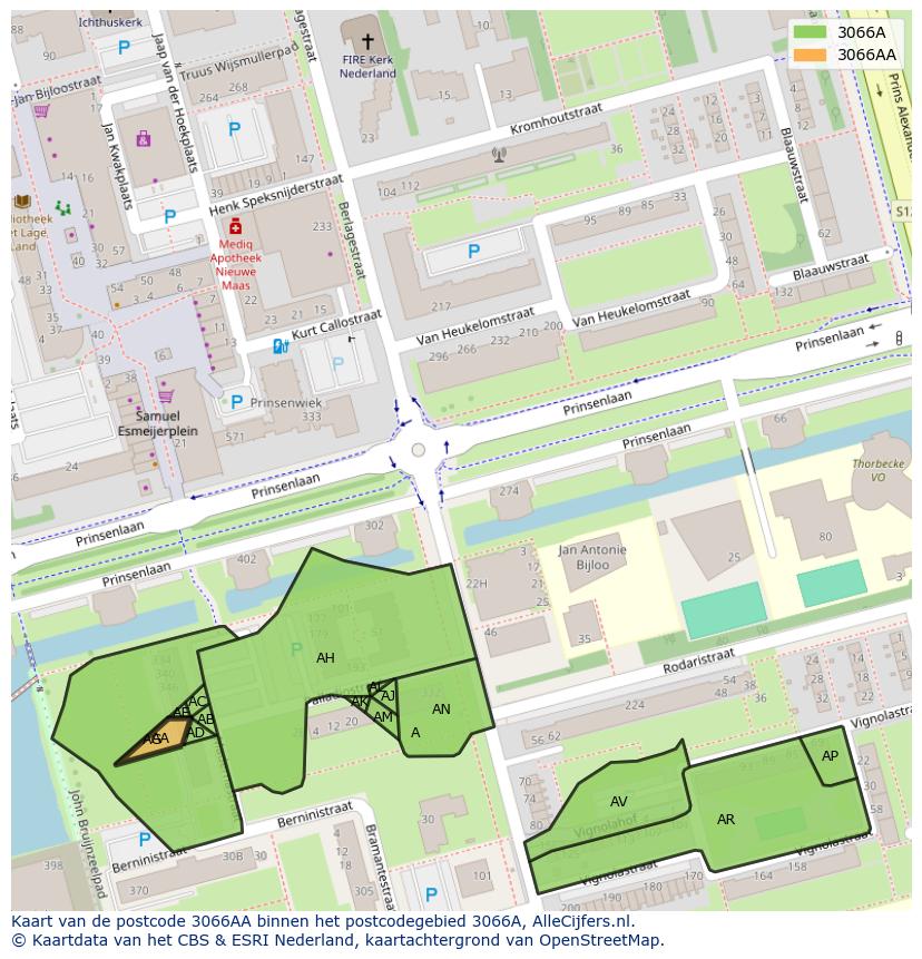 Afbeelding van het postcodegebied 3066 AA op de kaart.