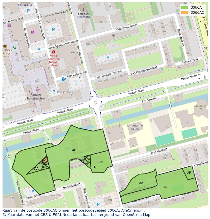 Afbeelding van het postcodegebied 3066 AC op de kaart.