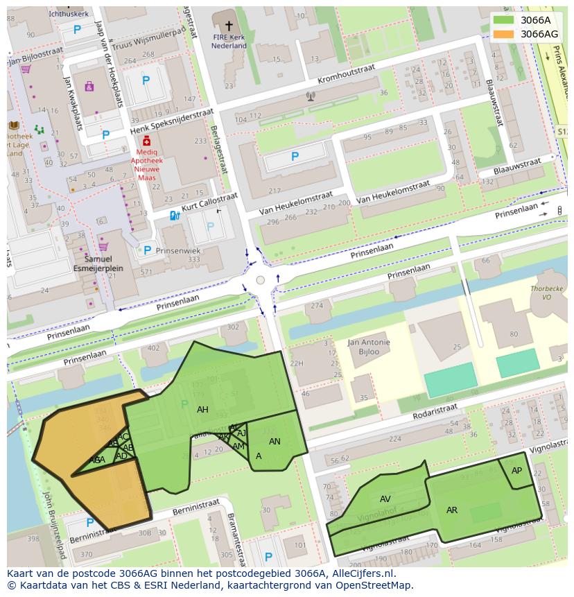 Afbeelding van het postcodegebied 3066 AG op de kaart.