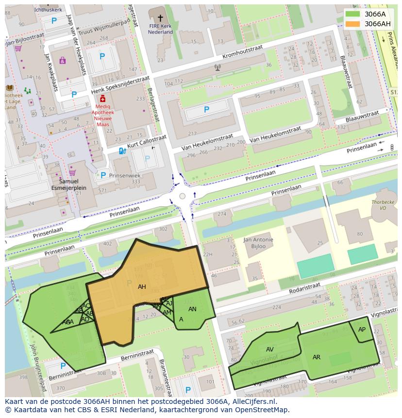 Afbeelding van het postcodegebied 3066 AH op de kaart.