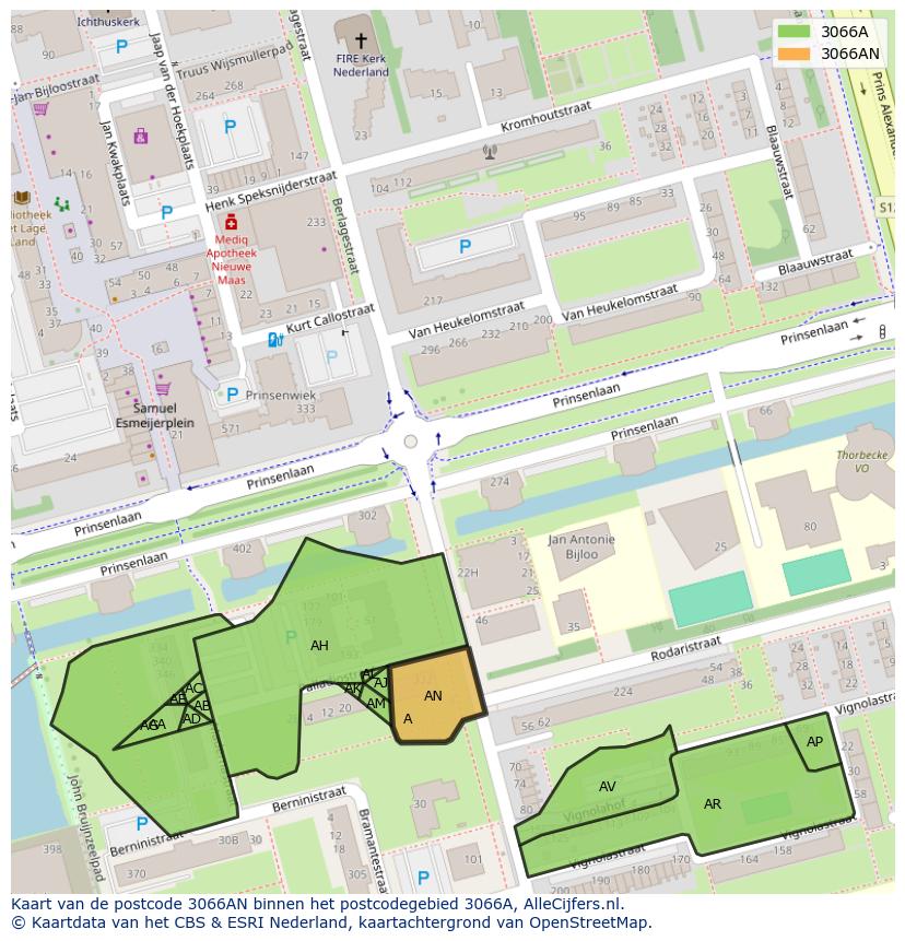 Afbeelding van het postcodegebied 3066 AN op de kaart.