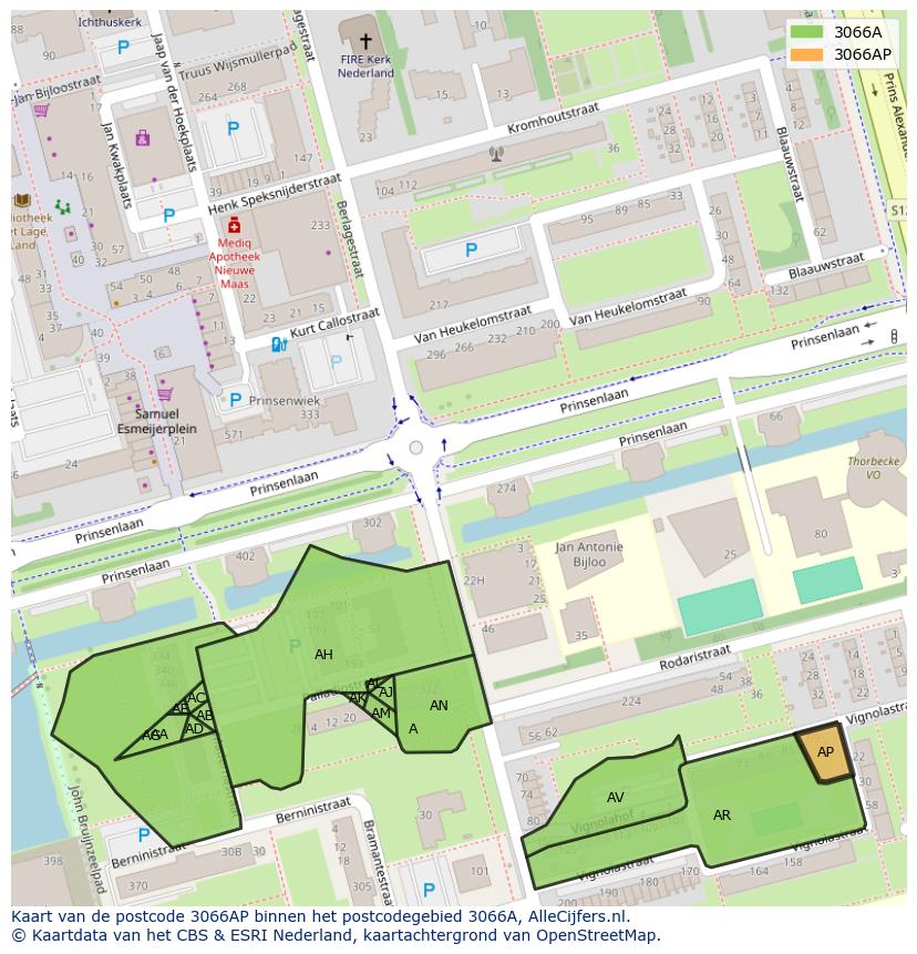 Afbeelding van het postcodegebied 3066 AP op de kaart.