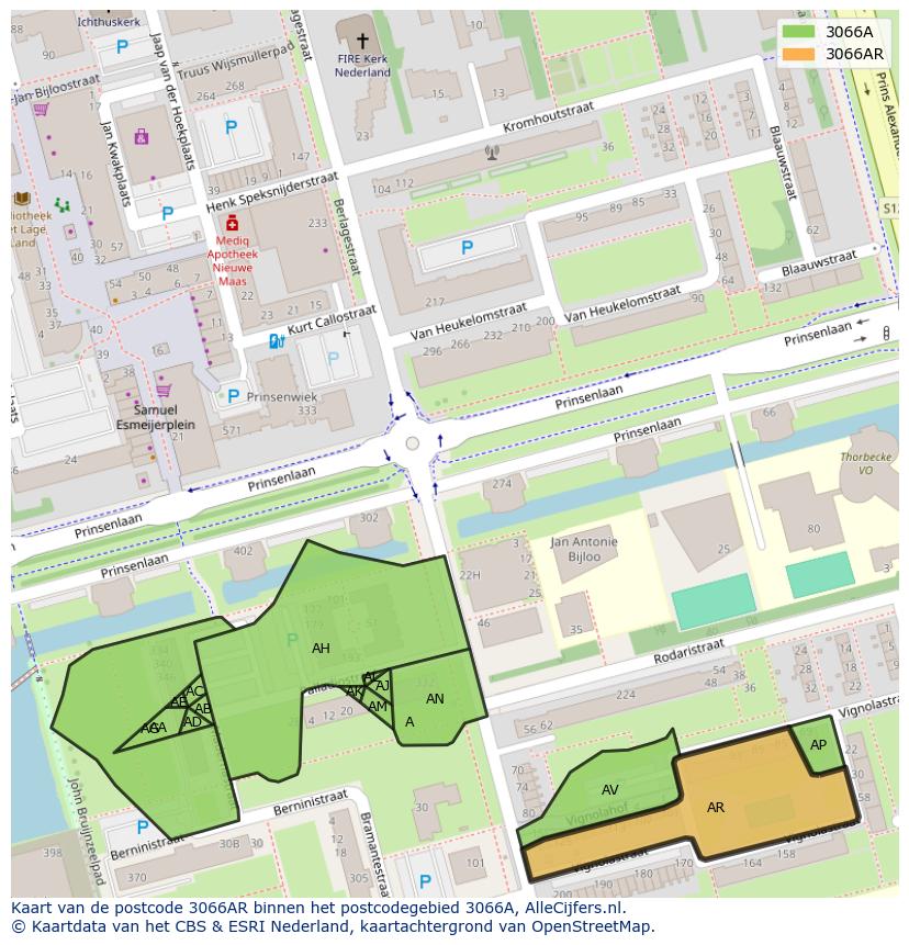 Afbeelding van het postcodegebied 3066 AR op de kaart.