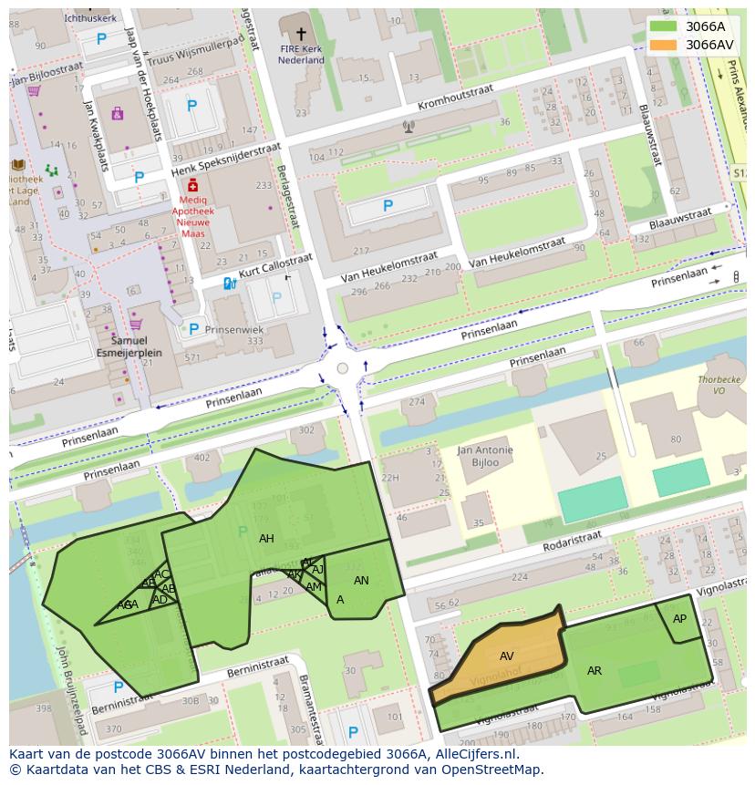 Afbeelding van het postcodegebied 3066 AV op de kaart.