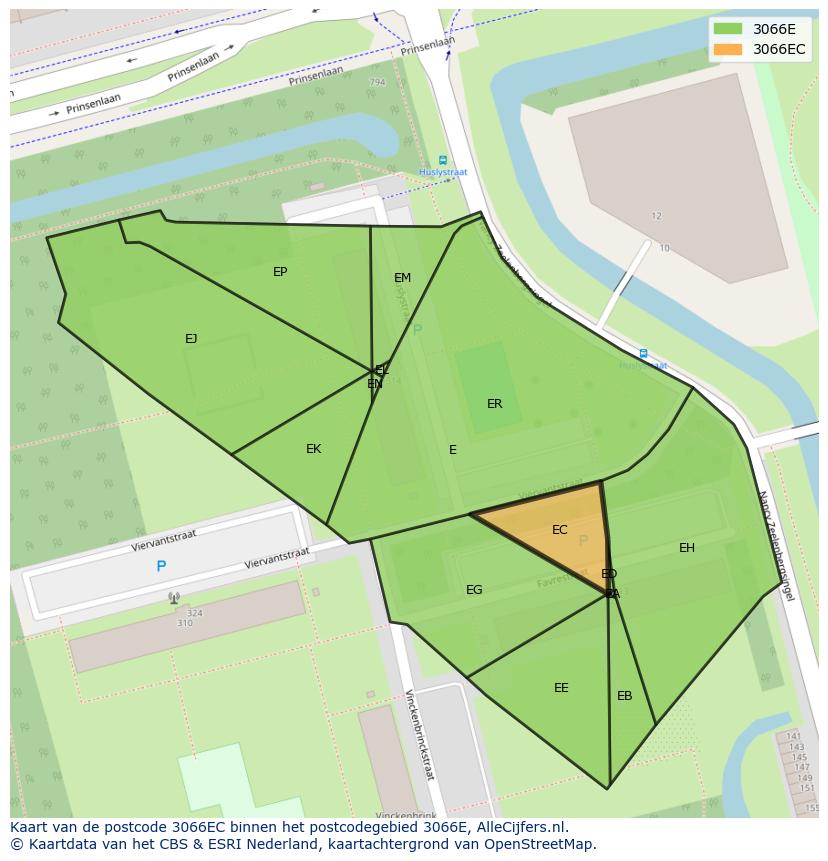 Afbeelding van het postcodegebied 3066 EC op de kaart.