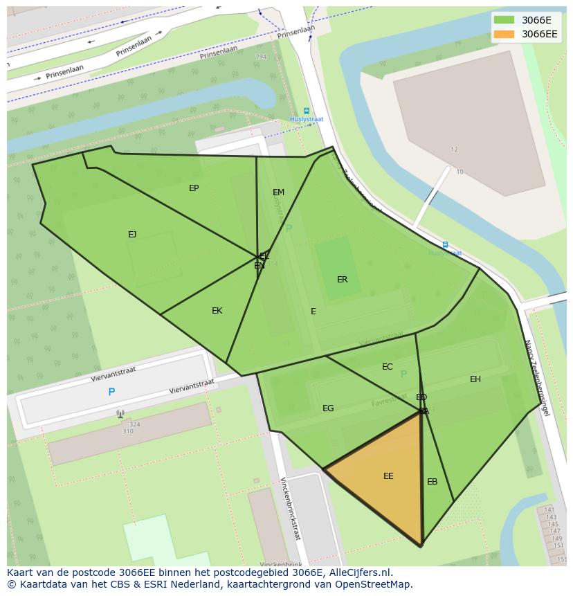 Afbeelding van het postcodegebied 3066 EE op de kaart.