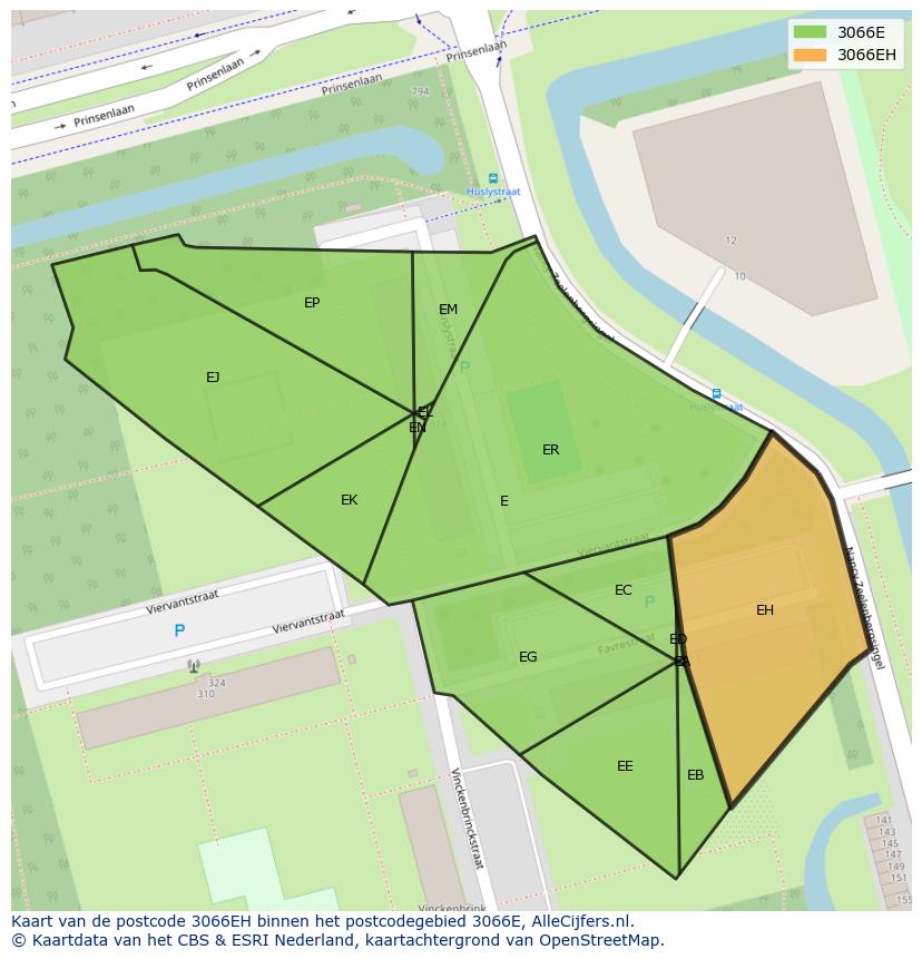 Afbeelding van het postcodegebied 3066 EH op de kaart.