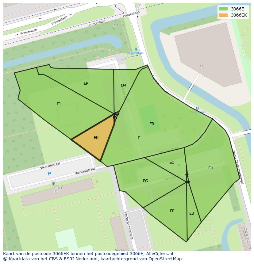 Afbeelding van het postcodegebied 3066 EK op de kaart.