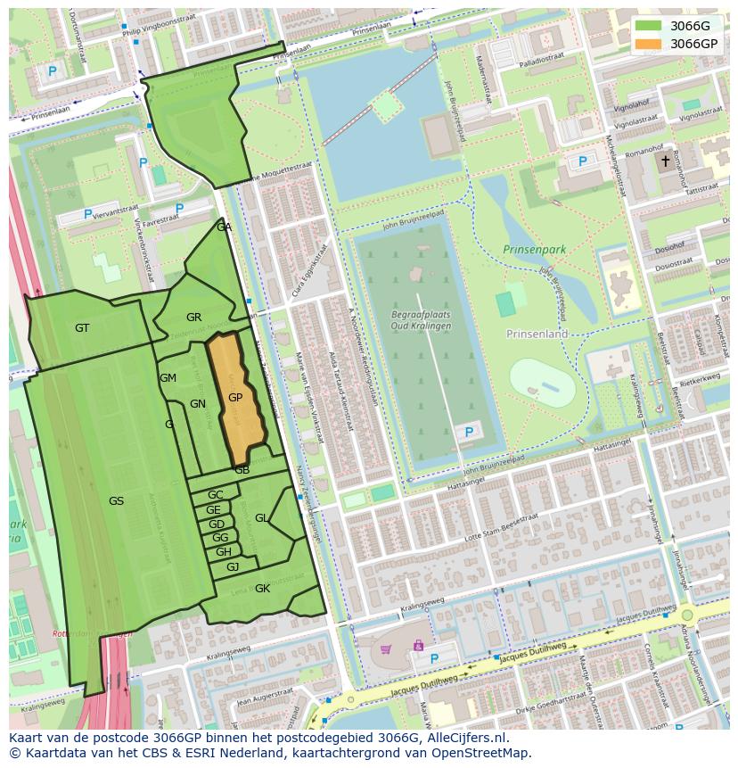 Afbeelding van het postcodegebied 3066 GP op de kaart.