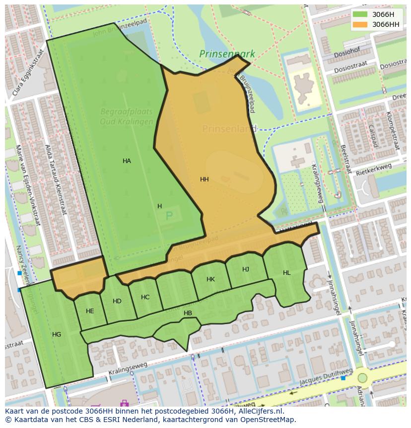 Afbeelding van het postcodegebied 3066 HH op de kaart.