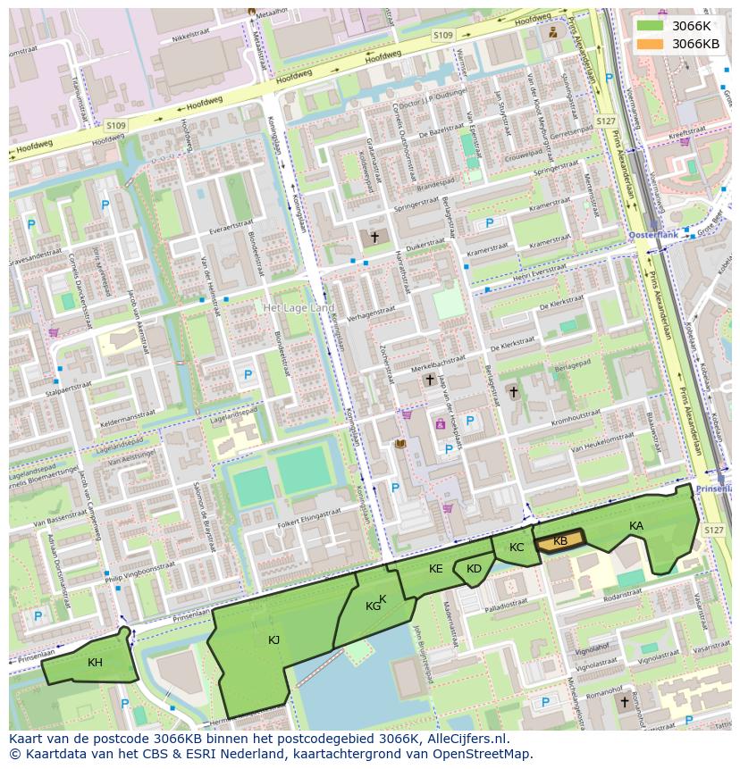 Afbeelding van het postcodegebied 3066 KB op de kaart.