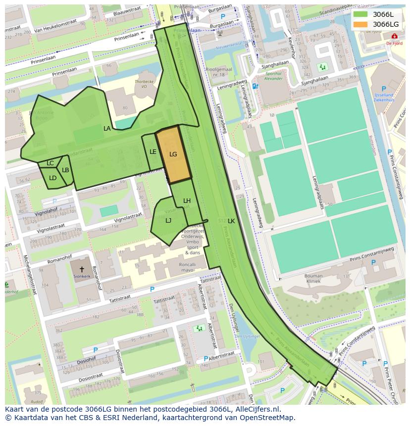 Afbeelding van het postcodegebied 3066 LG op de kaart.