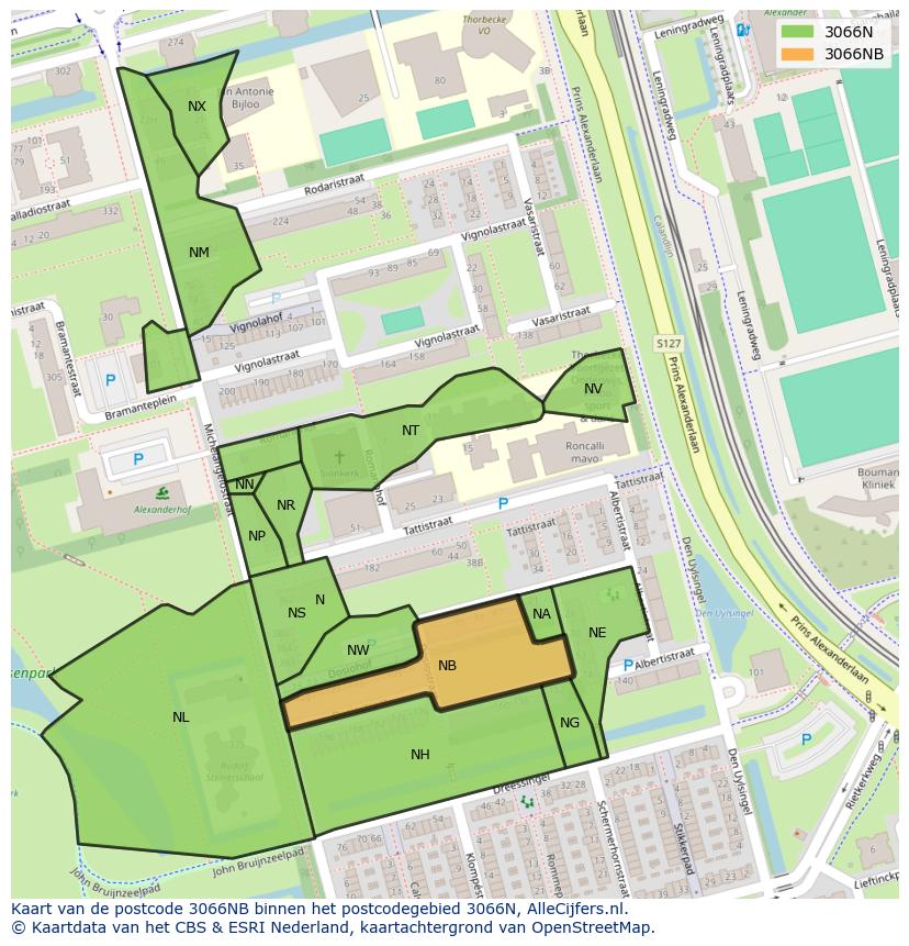 Afbeelding van het postcodegebied 3066 NB op de kaart.