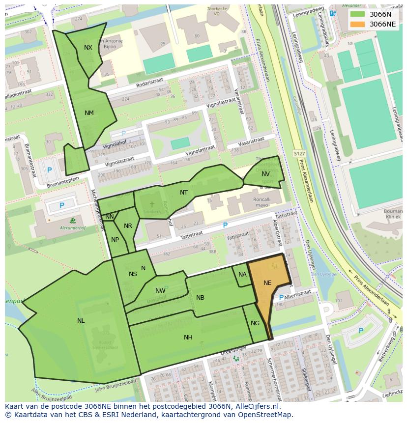 Afbeelding van het postcodegebied 3066 NE op de kaart.