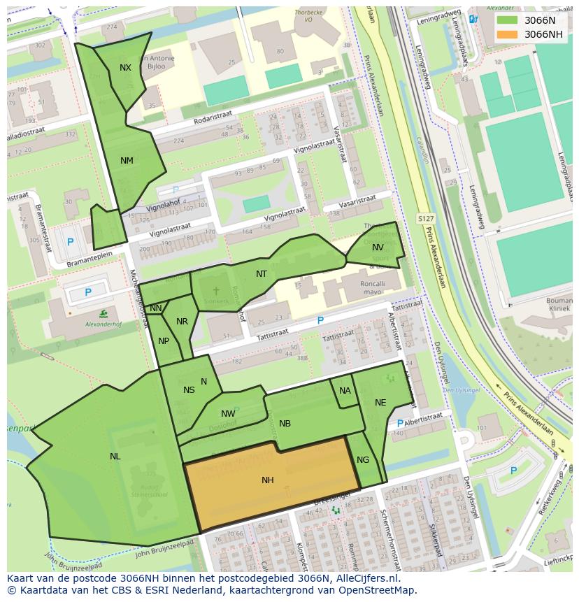 Afbeelding van het postcodegebied 3066 NH op de kaart.
