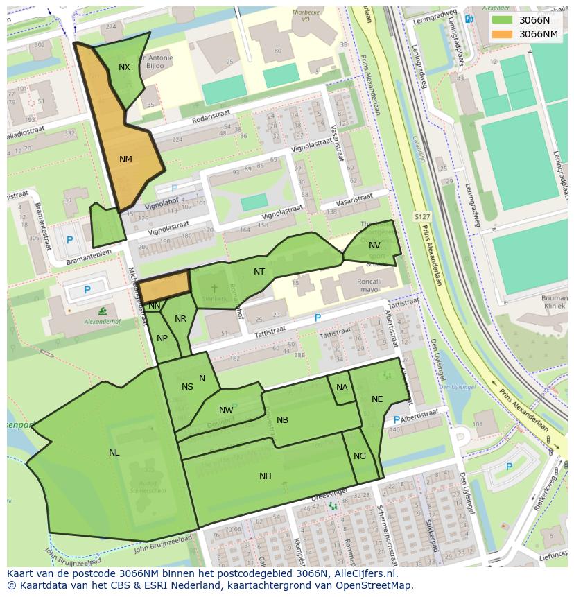 Afbeelding van het postcodegebied 3066 NM op de kaart.