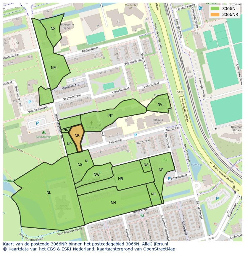 Afbeelding van het postcodegebied 3066 NR op de kaart.