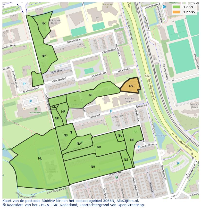 Afbeelding van het postcodegebied 3066 NV op de kaart.
