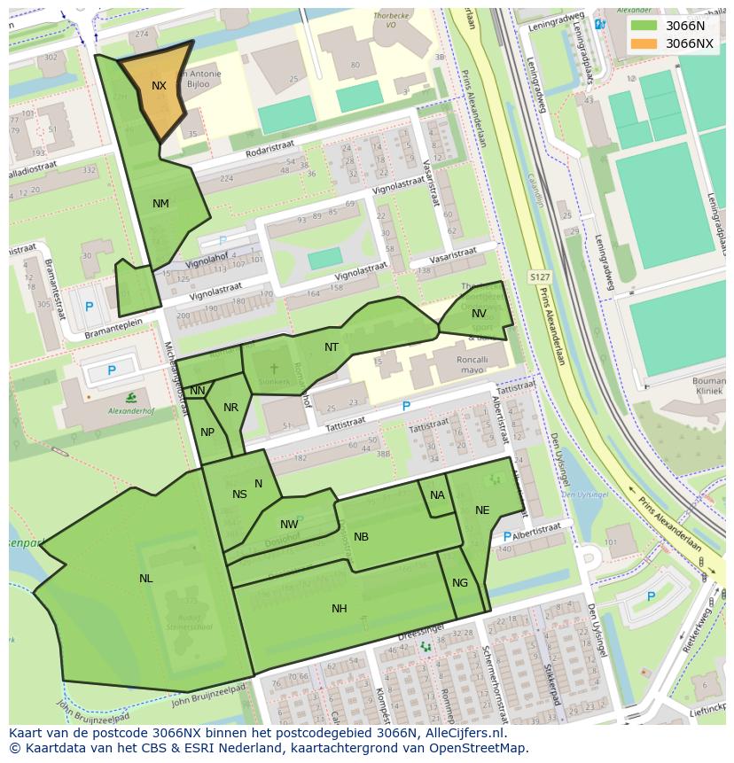 Afbeelding van het postcodegebied 3066 NX op de kaart.