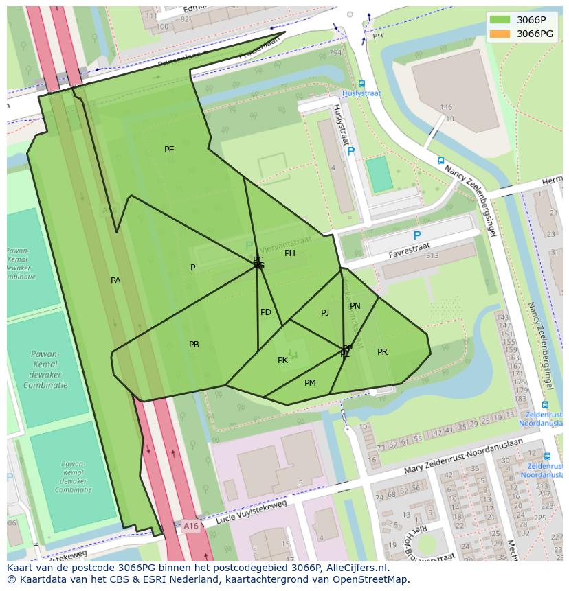 Afbeelding van het postcodegebied 3066 PG op de kaart.