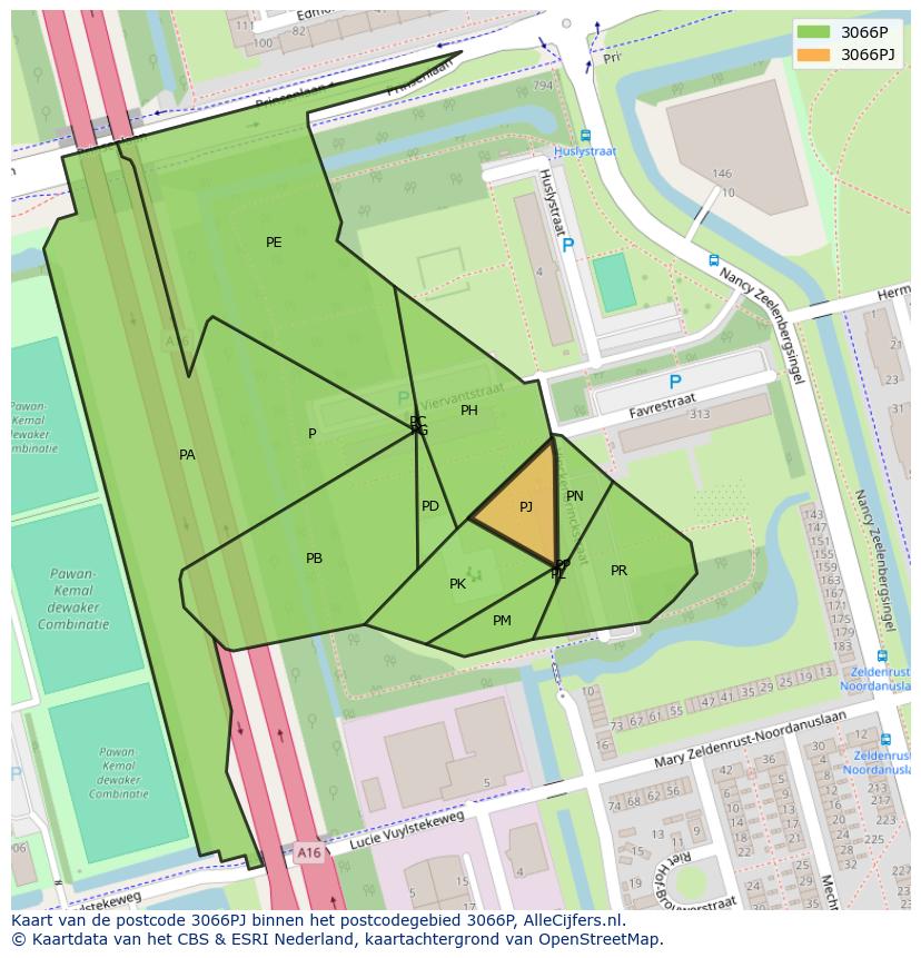 Afbeelding van het postcodegebied 3066 PJ op de kaart.